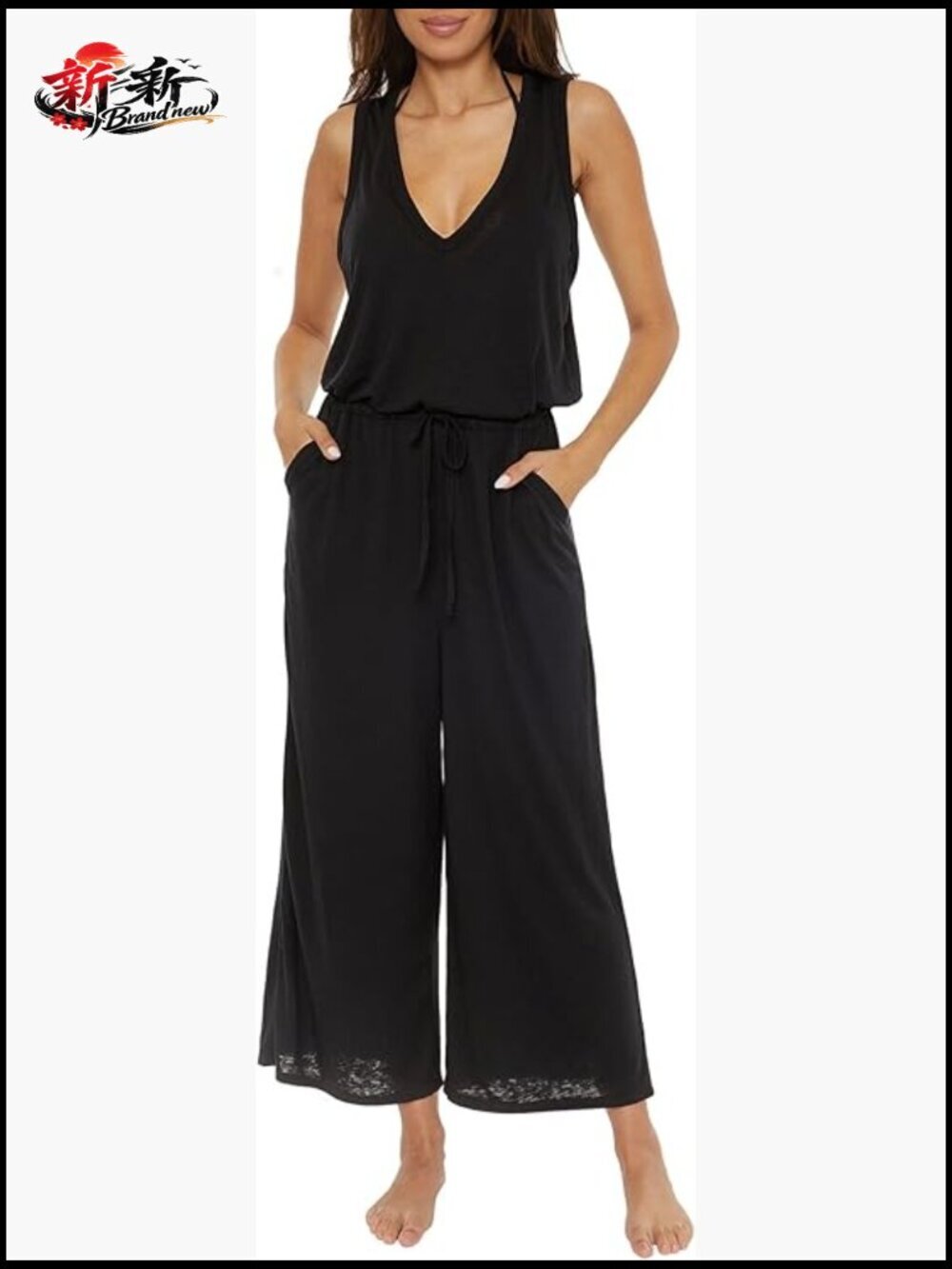 Sleeveless Jumpsuit with Pockets, Drawstring Waist, 65% Polyester 35% Cotton